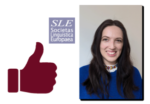 obraz kciuka w góre w barwach Wydziału Anglistyki, logo {Societas Linguistica Europaea} i oraz zdjęcie mgr Iryny Kravchuk