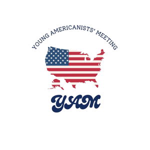 drawing: Young Americanists’ Meeting Logo: The map of the USA in the colors of the American flag surrounded by the caption in navy blue letters {Young Americanists’ Meeting} and the acronym {YAM}