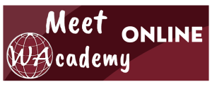 title card: caption {Meet WAcademy online} on a colourful background