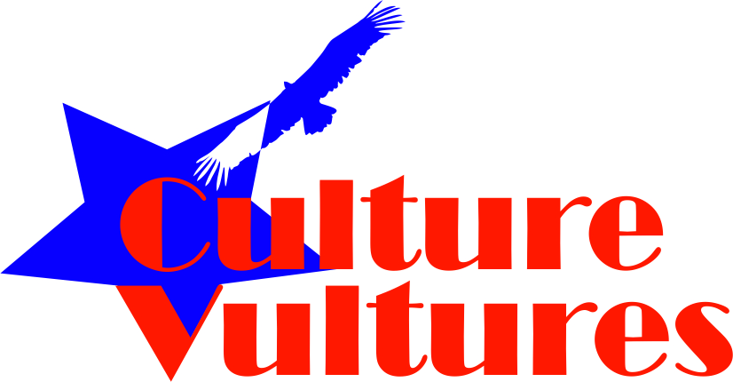 logo of the Culture Vultures reading group, red lettering on a red-and-blue star and a blue vulture, all on a white background