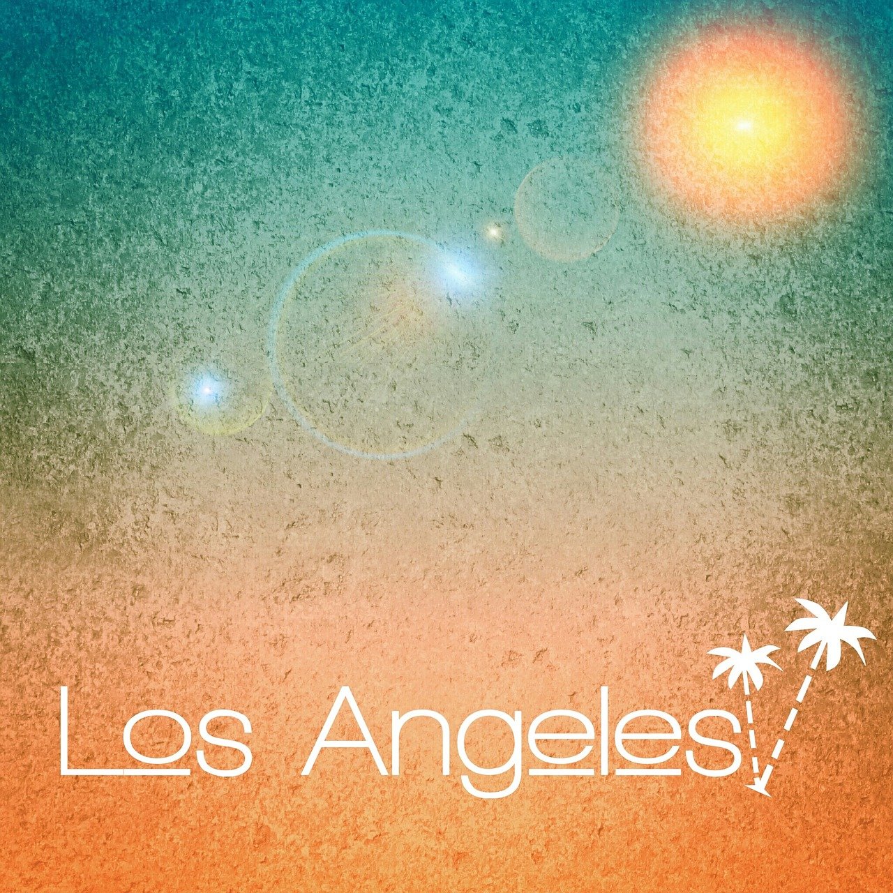 A graphic with a green fading background and a sand colored foreground with the image of the Sun shining through in the upper right corner on the orange foreground an inscription Los Angeles and two palm trees in white font