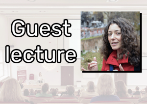 title card: photograph of a lecture hall with the caption {guest lecture} and a photograph of Jennifer Scappettone superimposed on it