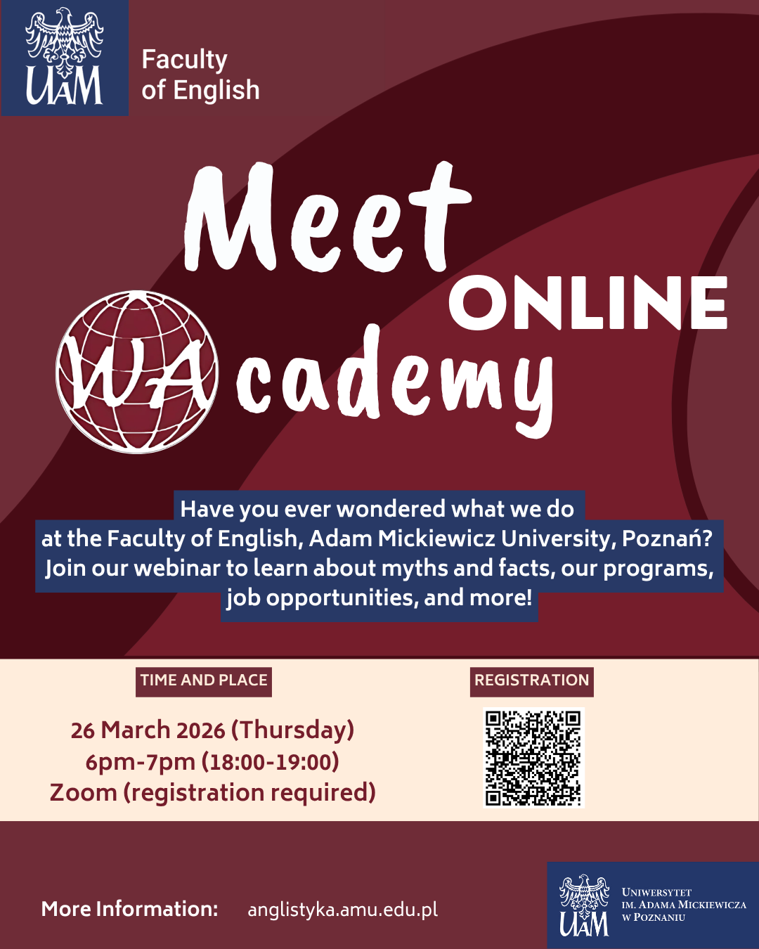 promotional poster: textual information similar to that provided on the associated page; QR code resolving into the link provided in the text; colourful background