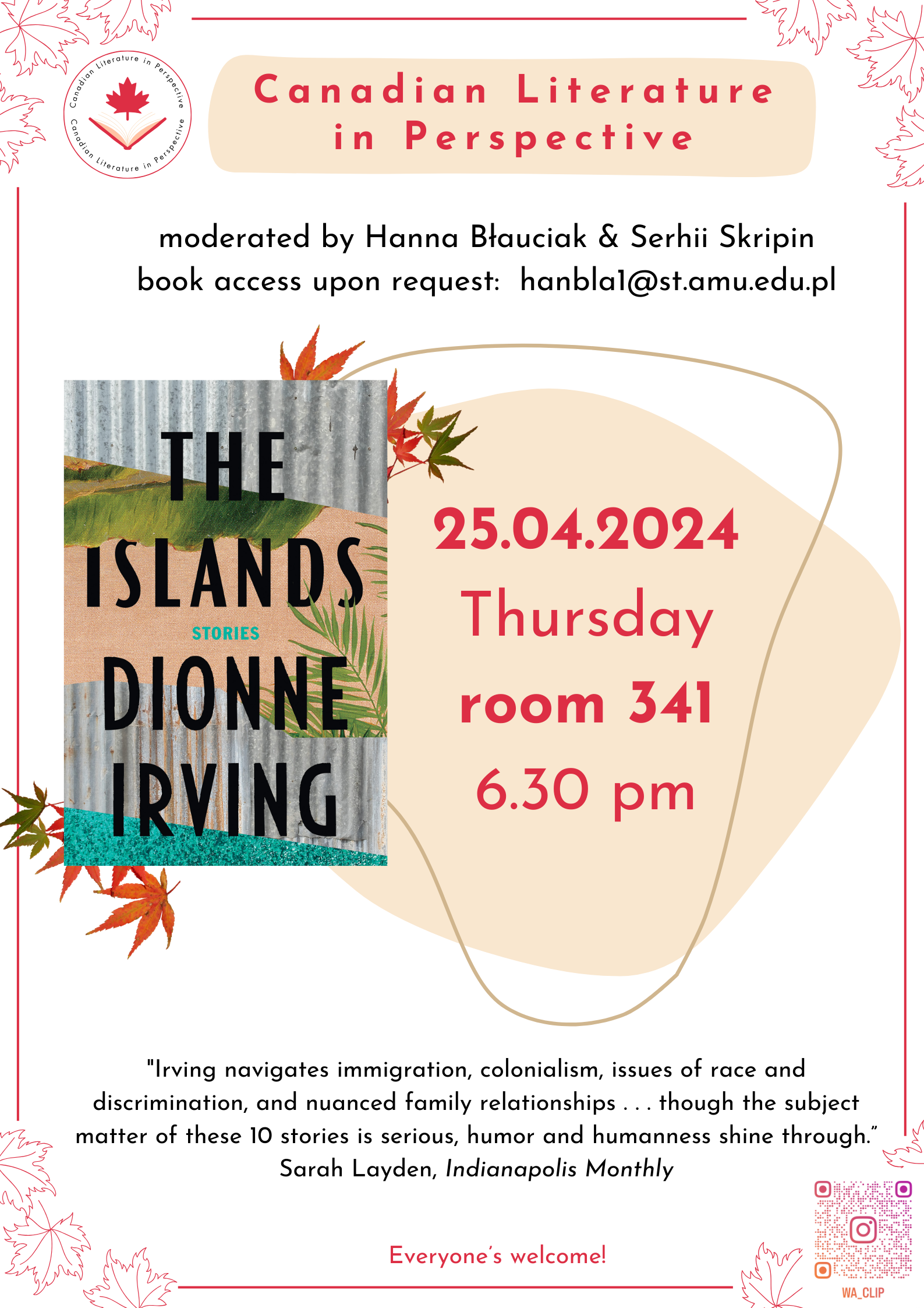 Poster for the meeting with embedded text identical to the text in the announcement. The poster also includes the cover of Dionne Irving's book.