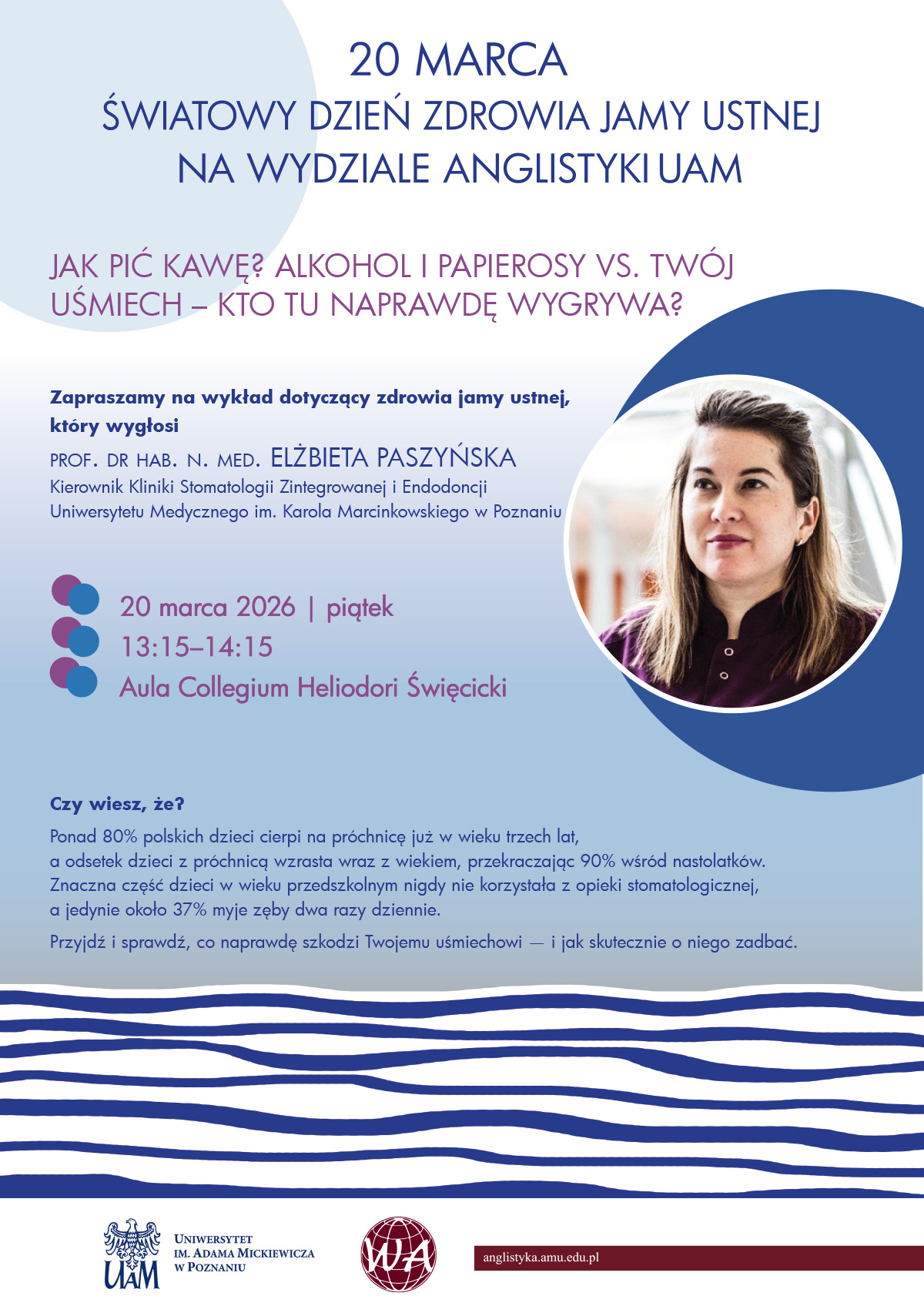 plakat promocyjny: informacja tekstowa o wydarzeniu mocno zbliżona do treści strony; zdjęcie przedstawiające prelegentkę, znaki graficzne UAM i Wydziału Anglistyki, barwne tło