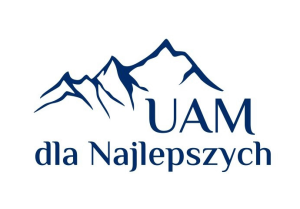 znak graficzny „UAM dla Najlepszych”: napis o takiej treści oraz rycina symbolizująca szczyty górskie, oba elementy w barwie niebieskawej; całość na białym tle