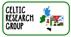 logo, czarny napis Celtic Research Group na białym tle oraz zakolorowane kontury obszarów geograficznych kultury celtyckiej w Europie