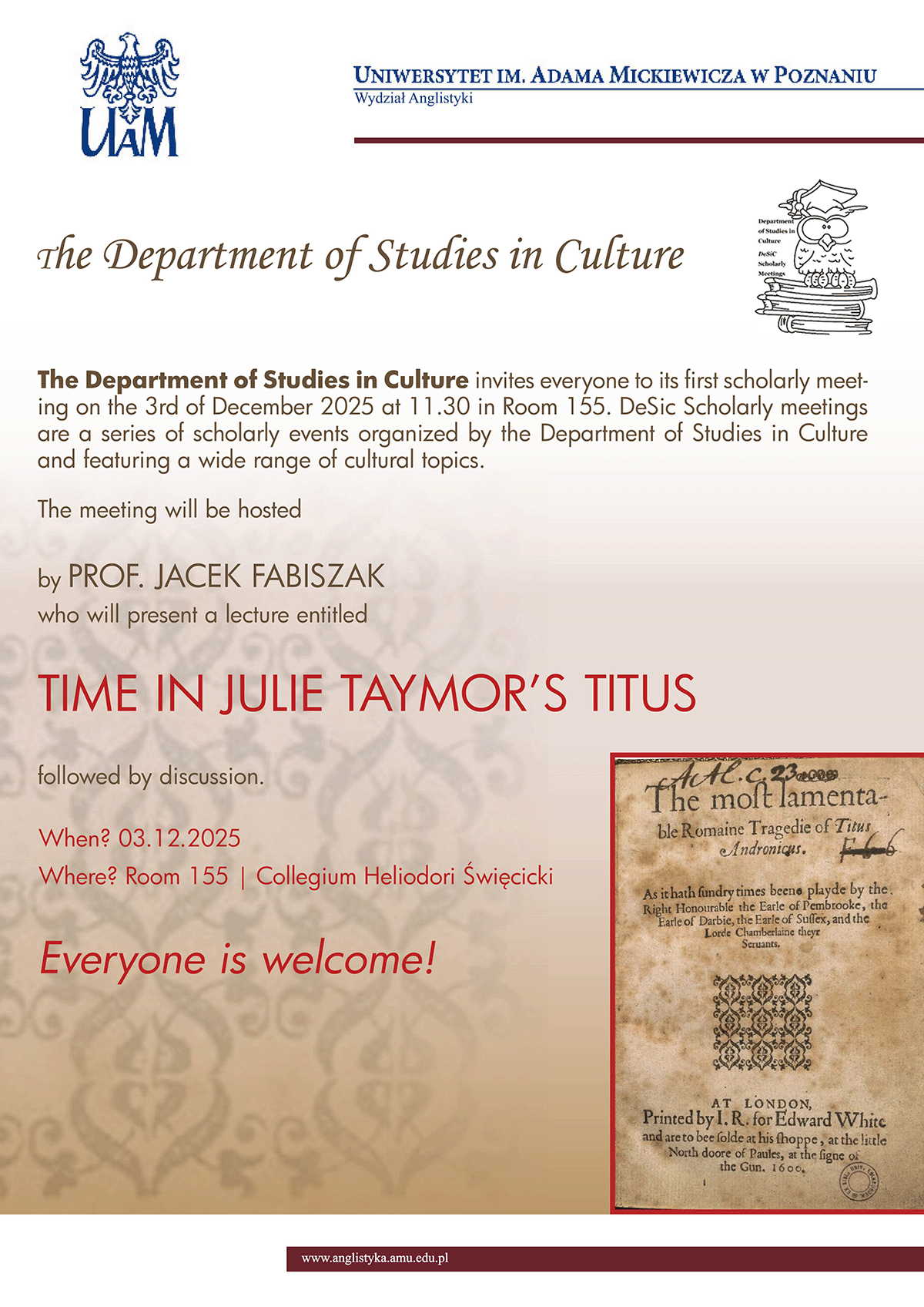 poster: text inviting to the meeting of DeSic, as provided on the associated page, on a colourful background including the image of an early modern cover of Shakespeare&rsquo;s &ldquo;Titus Andronicus&rdquo;