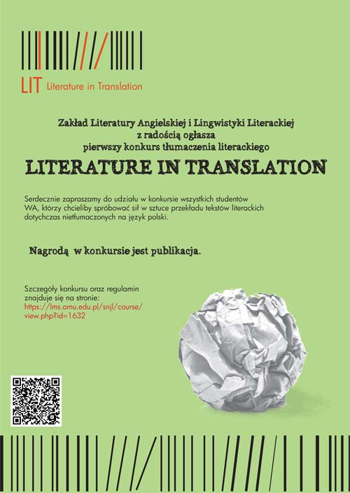 obraz oryginalnego plakatu promocyjnego konkursu Literature in Translation, teskt promocyjny na zielonkawym tle, z adresem do platformy Moodle wyrażonym jako tekst oraz jako kod QR