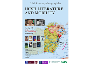 thumbnail of a promotional poster: photographs of Evelyn Conlon and Sean O’Reilly, unidentified book covers, details of the meeting as provided in the article, colourful background with a map of Ireland