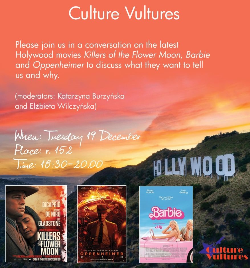 promotional poster: text on a colourful backgrouns and three film posters (for the films under discussion)