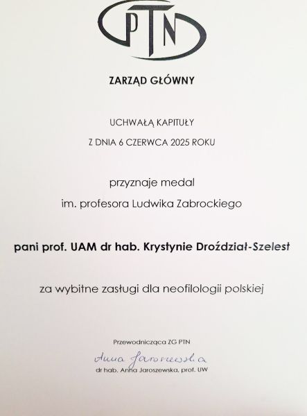 zdjęcie: dyplom potwierdzający nadanie nagrody im. prof. Ludwika Zabrockiego