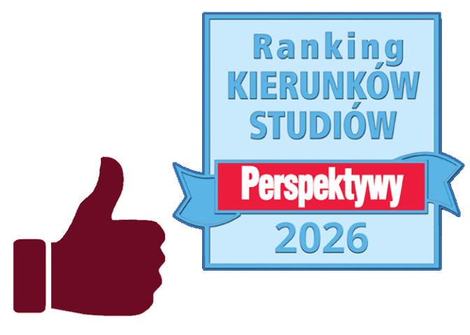 obraz kciuka w górę w barwach Wydziału Anglistyki oraz logo z napisem {Ranking kierunków studiów Perspektywy 2026}