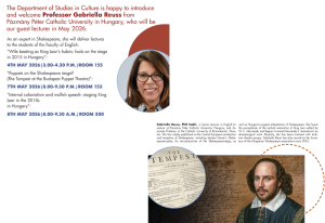 bits of a promotional poster for the event; text in English; photograph of the speaker; drawing with a likeness of Shakespeare