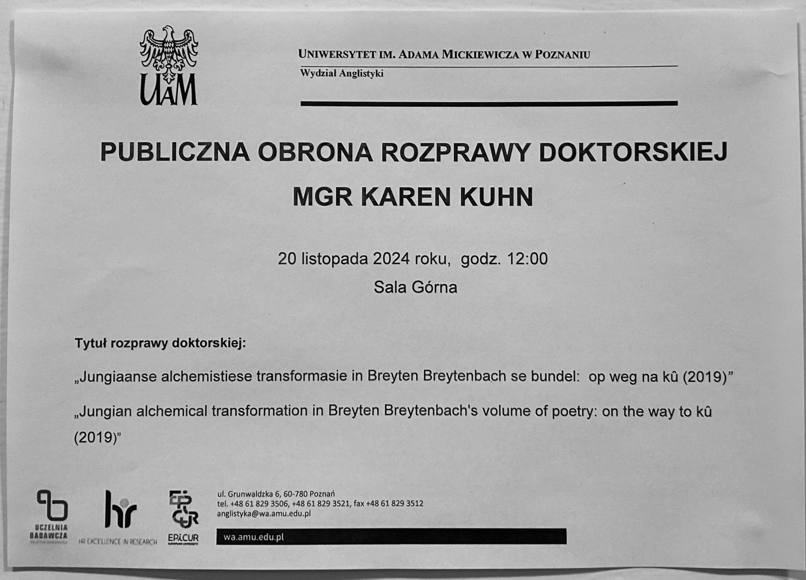 zdjęcie: fragment zawiadomienia o publicznej obronie rozprawy doktorskiej