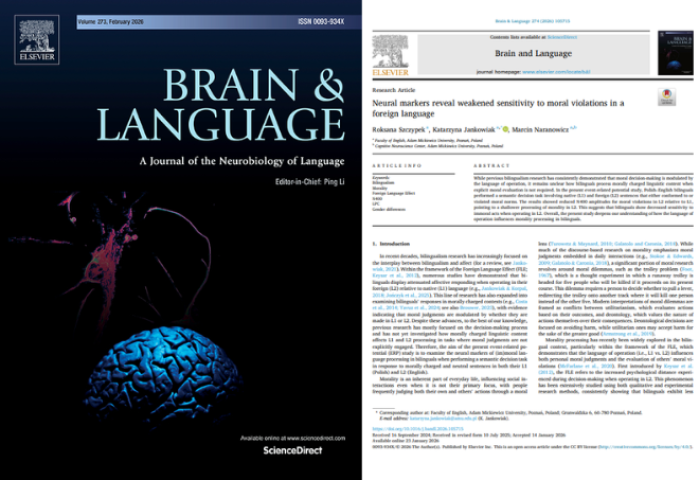 Image in two parts: on the left: the cover of the journal: a dark background with an abstract, colorful graphic of the brain and language; on the right: the first page of the scientific article published in this journal; visible elements: the title, the list authors, the abstract, the keywords, and the beginning of the introductory section of the text