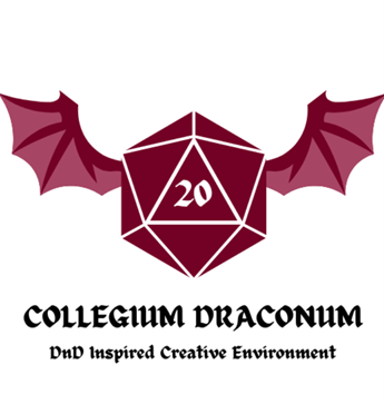 logo koła {Collegium Draconum}; napis o takiej treści oraz podpis w języku angielskim {DnD Inspired Creative Environment} pod obrazkiem dwudziestostronnej kości do gry przyozdobionej skrzydłami nietoperza